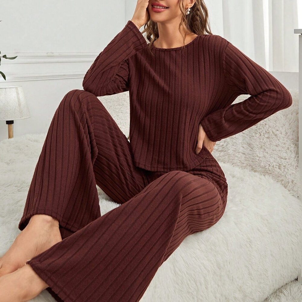 Coffee Brown Casual-Woman Women's Long Sleeve Ribbed lounge Set - Picture 1 of 6